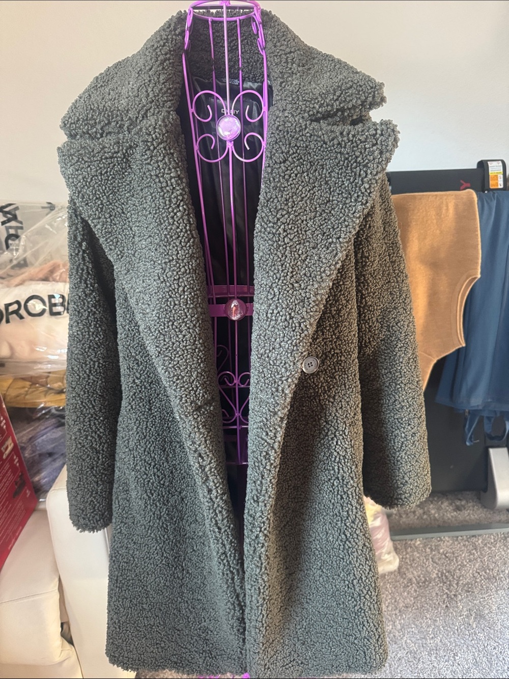 DKNY faux fur Plush Teddy Coat in Army green- Oversized Lapel
